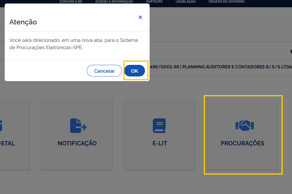 Tela de confirmação de acesso ao SPE